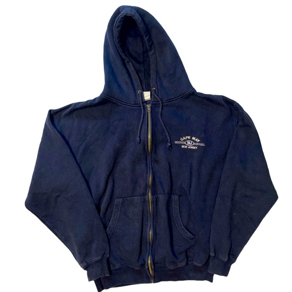 Cotton Net Full Zip Hooded Cape May New Jersey Embroidered Sweatshirt Navy L - Picture 1 of 5